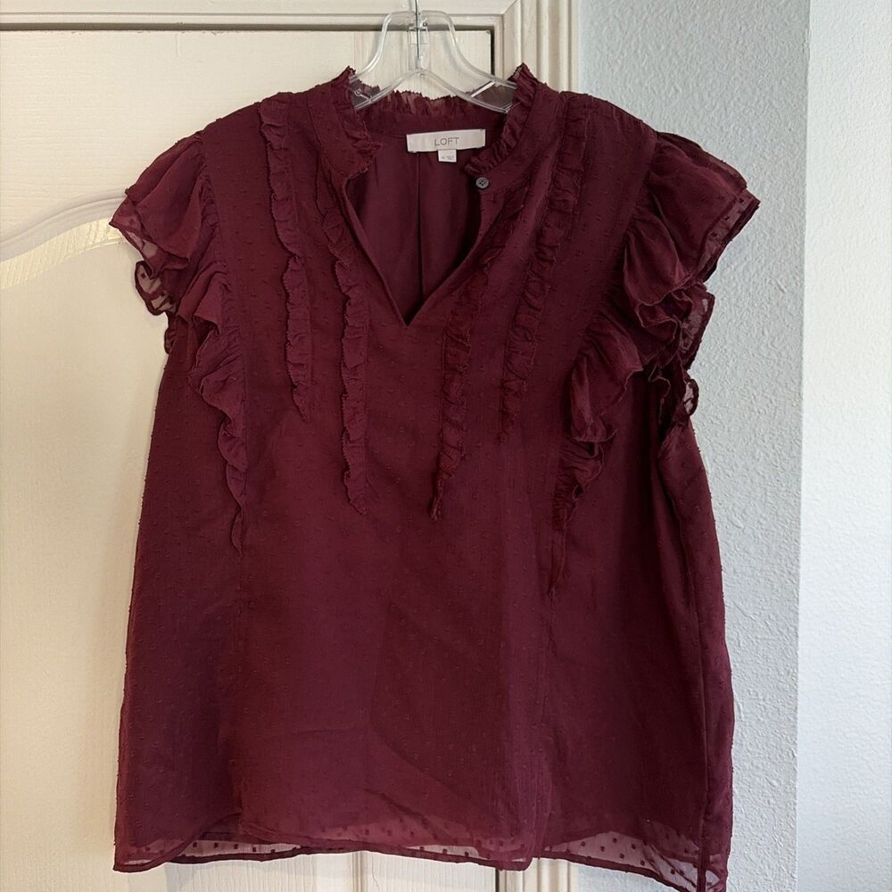 LOFT Womens Burgundy Clip Dot Ruffle V-Neck Flutter Sleeve Blouse Top Size XL
